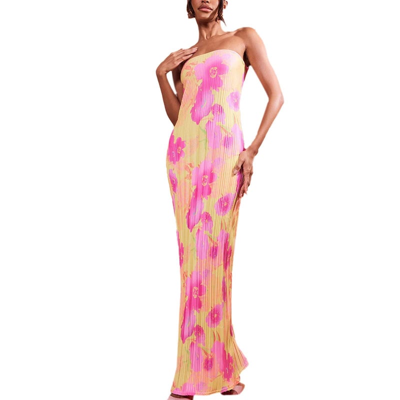 KMBANGI Womens Pleated Tube Maxi Dress Sleeveless Sexy Off Shoulder Strapless Long Dress Tie Up Backless Party Dress(Pink,S) - Image 4