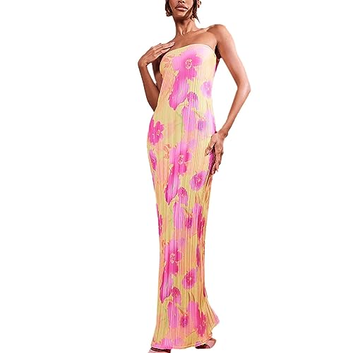 KMBANGI Womens Pleated Tube Maxi Dress Sleeveless Sexy Off Shoulder Strapless Long Dress Tie Up Backless Party Dress(Pink,S) - Image 1