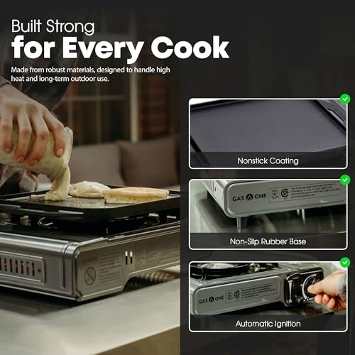 GasOne GS-1000G-KIT Butane Gas Stove with Flat Top Griddle Included – Butane Grill Tent Stove Burners for Cooking for Camping, Kitchen – Diecast Aluminum with Non Stick Coating - Image 5