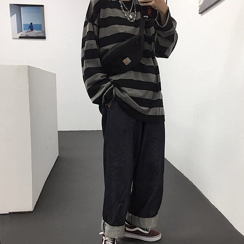POHADON Striped Crewneck Long-Sleeve T-Shirt Alt Pullover Emo Shirt Punk Japanese Harajuku Streetwear - Image 3
