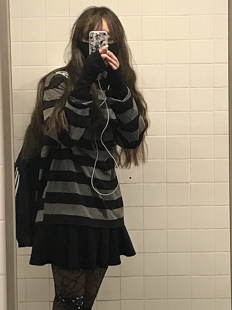 POHADON Striped Crewneck Long-Sleeve T-Shirt Alt Pullover Emo Shirt Punk Japanese Harajuku Streetwear - Image 4
