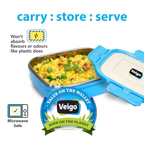 Veigo Stainless Steel Lunch Box, Rectangle Blue Container, Insulated & Leakage-Proof Tiffin (630ml), Microwave Safe, Ideal for Office & Kids - Image 5