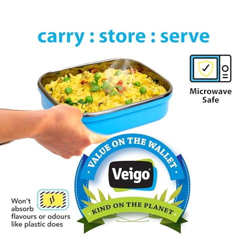Veigo Stainless Steel Lunch Box, Rectangle Blue Container, Insulated & Leakage-Proof Tiffin (630ml), Microwave Safe, Ideal for Office & Kids - Image 3