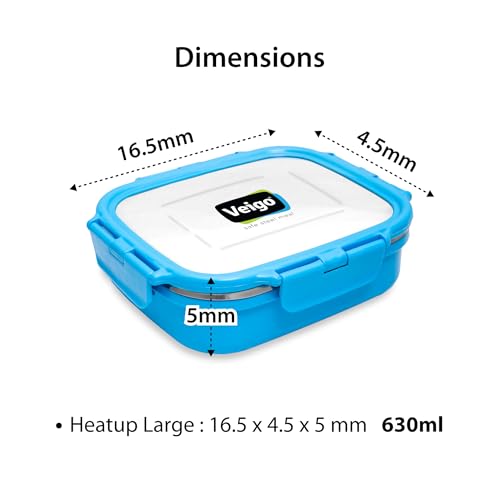 Veigo Stainless Steel Lunch Box, Rectangle Blue Container, Insulated & Leakage-Proof Tiffin (630ml), Microwave Safe, Ideal for Office & Kids - Image 4