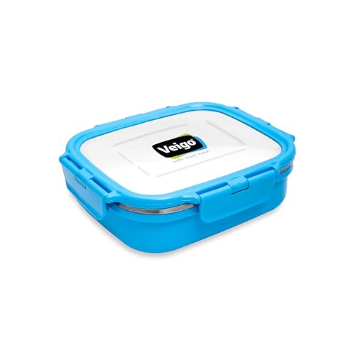 Veigo Stainless Steel Lunch Box, Rectangle Blue Container, Insulated & Leakage-Proof Tiffin (630ml), Microwave Safe, Ideal for Office & Kids - Image 1