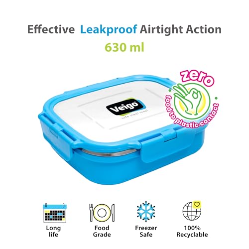 Veigo Stainless Steel Lunch Box, Rectangle Blue Container, Insulated & Leakage-Proof Tiffin (630ml), Microwave Safe, Ideal for Office & Kids - Image 2