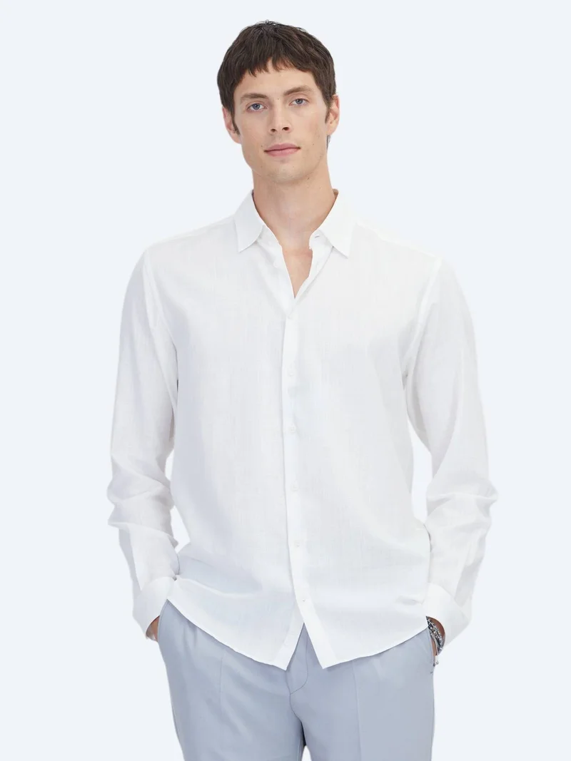 Kip White Plain Regular Fit Long Weaving Classical 100% Cotton Shirt