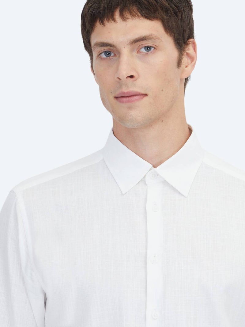 Kip White Plain Regular Fit Long Weaving Classical 100% Cotton Shirt - Image 3