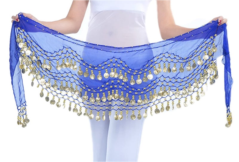 Lauthen.S 128 Coins Belly Dance Hip Scarf Tribal Belt Halloween Genie Costume Accessory Royal Blue - Image 1