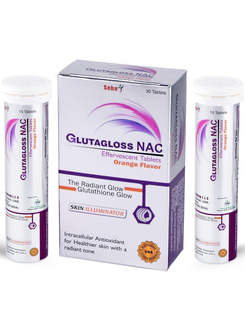 Seha Glutagloss NAC Orange Flavour, 30 Effervescent Tablets – Japanese L-Glutathione, Vitamin C & NAC for Skin Brightening & Antioxidant Support - Image 1