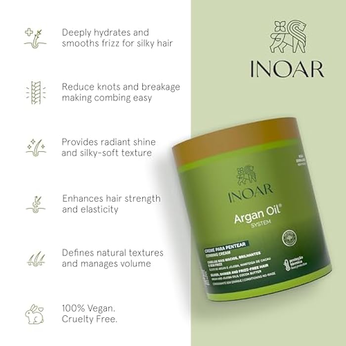 INOAR Argan Oil Combing Cream Creme de Pentear with Jojoba & Cocoa Butter for Deep Hydration & Smoothing, 17.6 Fl Oz - Image 3