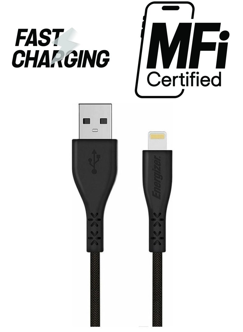 Energizer Hardcase Metal Braided USB-A To Lightning Cable With Lifetime Warranty, Mfi Certified, Heavy Duty, High-Speed Data Transfer Rate, 1.2M Black - Image 1