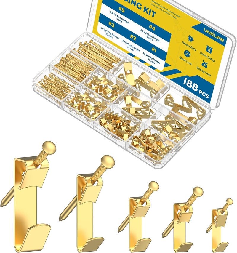 Uniclife 188 Pcs Picture Hanging Kit, 10 lb, 20 lb, 30 lb, 50 lb, 100 lb Heavy Duty Picture Hangers for Drywall & Wood, Picture Hanging Hooks, Frame Hooks for Hanging Photos Mirrors Paintings - Image 1
