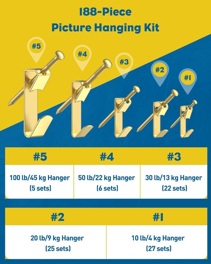 Uniclife 188 Pcs Picture Hanging Kit, 10 lb, 20 lb, 30 lb, 50 lb, 100 lb Heavy Duty Picture Hangers for Drywall & Wood, Picture Hanging Hooks, Frame Hooks for Hanging Photos Mirrors Paintings - Image 2