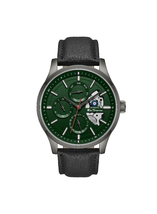 Ben Sherman St Albans Green Dial Black Genuine Leather Strap Multifunction Watch for Men, 43.5mm - Image 1