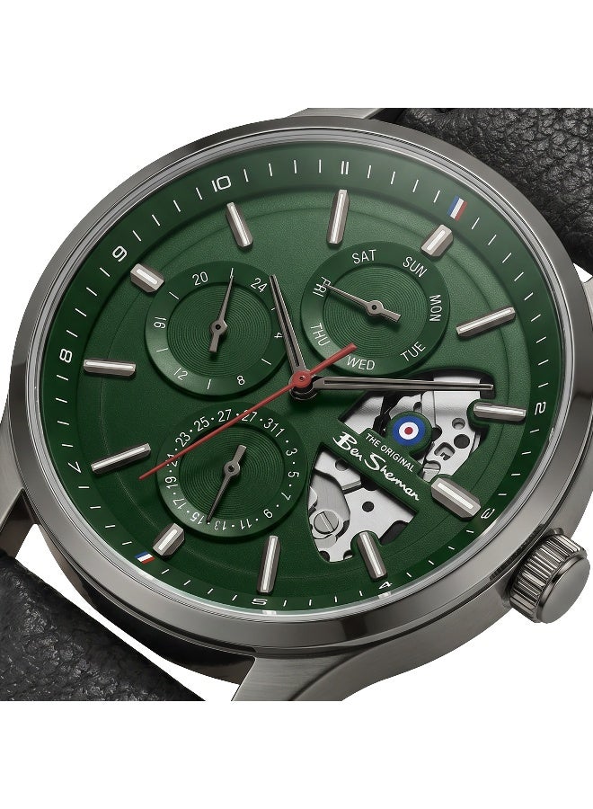 Ben Sherman St Albans Green Dial Black Genuine Leather Strap Multifunction Watch for Men, 43.5mm - Image 2