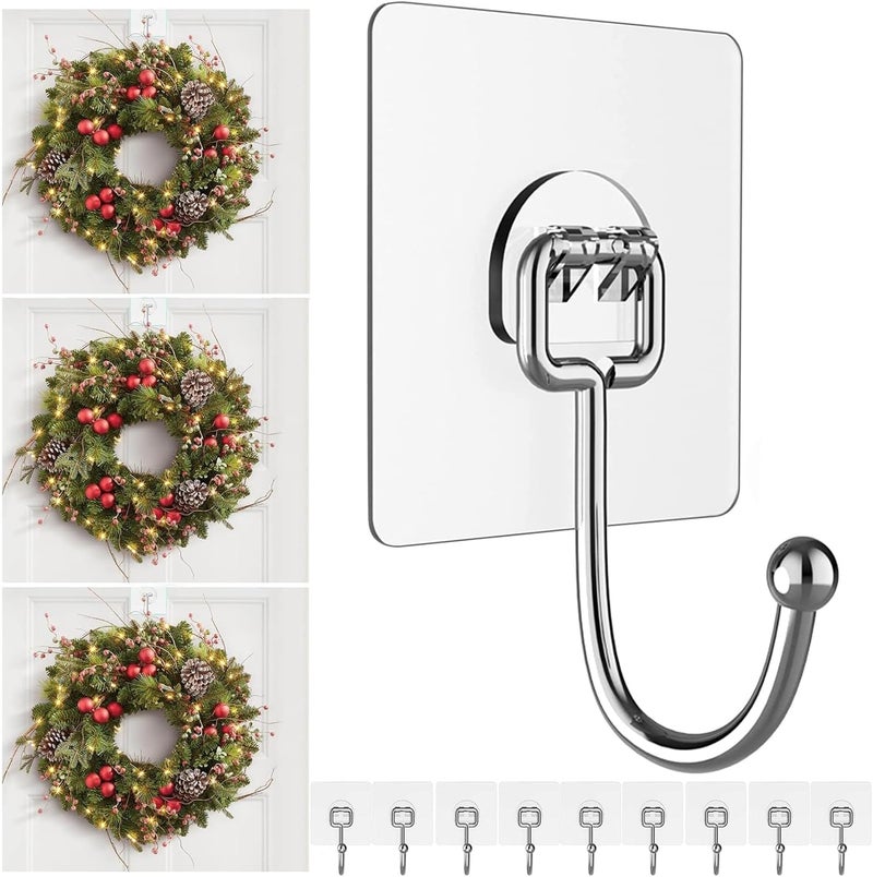 Linwnil Big Wreath Hangers for Front Door,Large Clear Wreath-Door-Hanger-Easter-Christmas-Halloween-Decorations,60lb Over-The-Door-Hooks Glass Door,Adhesive Wall-Hooks for Hanging Wreath Home-Decor (10) - Image 1