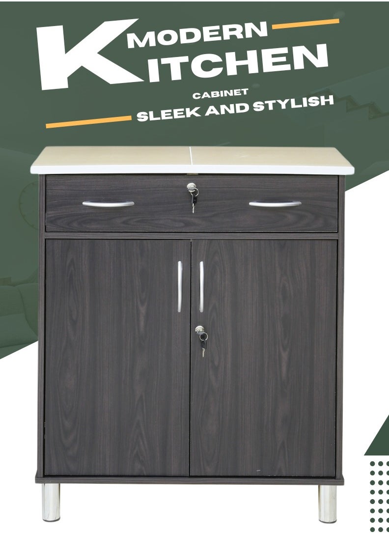 AFT Arfan Stylish 2-Door Kitchen Cabinet with Elegant (Ceramic top) Tile Top and Drawer  – Perfect for Storage & Display, Durable (Ceramic Top) Tile Top – Ideal for Home Organization, Space-Saving Design, Enhance Your Kitchen Décor. Versatile 2-Door Kitchen Cabinet with Sturdy Tile Top and drawer Stylish Storage Solution. (Dark brown)  - Image 1