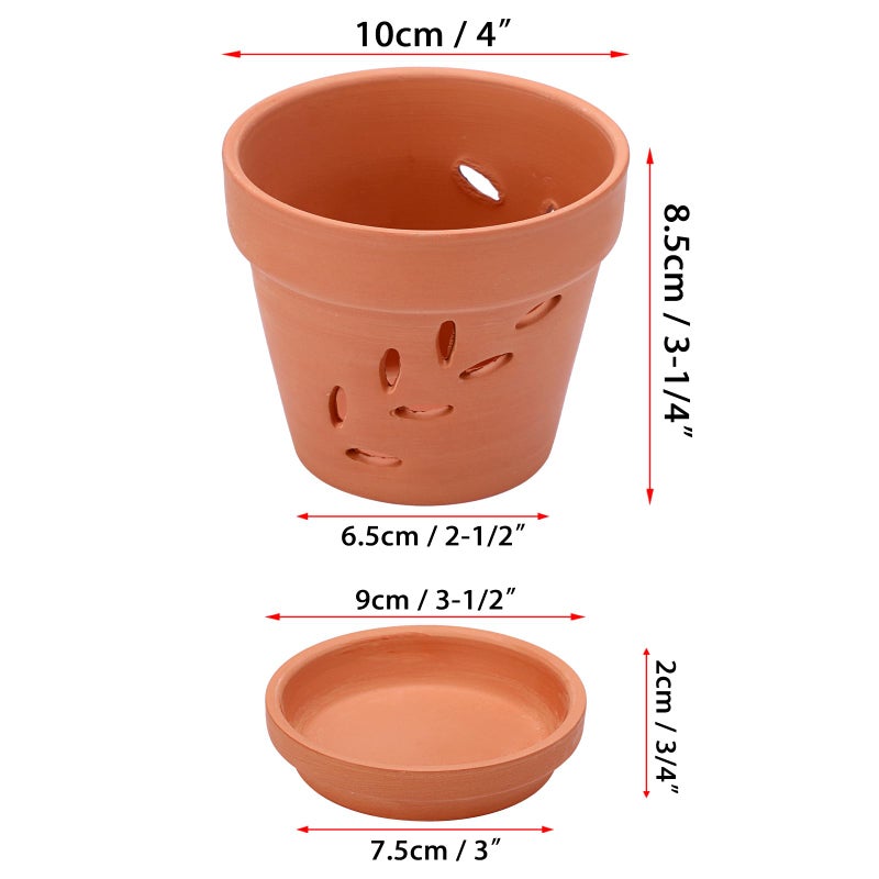 JUXYES 6 Pack Small Terracotta Orchid Pots with Holes and Saucers, Clay Orchid Planter Pots for Repotting, Plant Flower Pots for Orchid Indoor and Outdoor Promotes Air Circulation, 4 Inches - Image 2