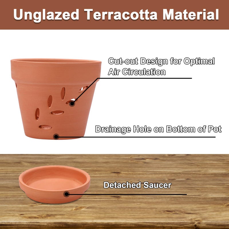 JUXYES 6 Pack Small Terracotta Orchid Pots with Holes and Saucers, Clay Orchid Planter Pots for Repotting, Plant Flower Pots for Orchid Indoor and Outdoor Promotes Air Circulation, 4 Inches - Image 5