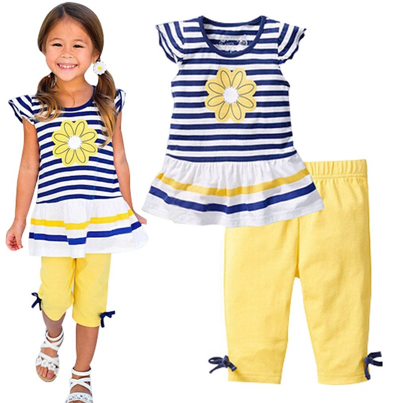 LUKYCILD Baby Girls Summer Clothes Casual Clothing Suit Short Sleeve Striped T-Shirt +Pants - Image 1