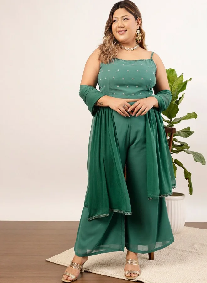 Indo Street Teal Green Embellished Top & Palazzo Set for Women