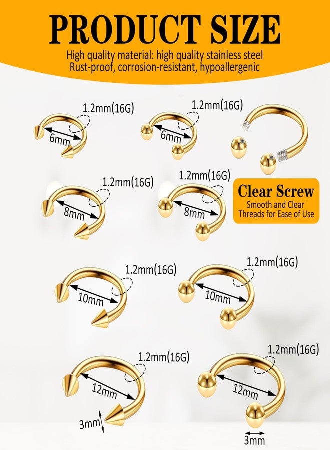 Yolev 8 PCS Gold Septum Ring 16G Septum Jewelry Stainless Steel Horseshoe Earring Nose Lip Rings for Women Small Septum Piercing Clicker Body Jewelry for Men 6/8/10/12mm - Image 2