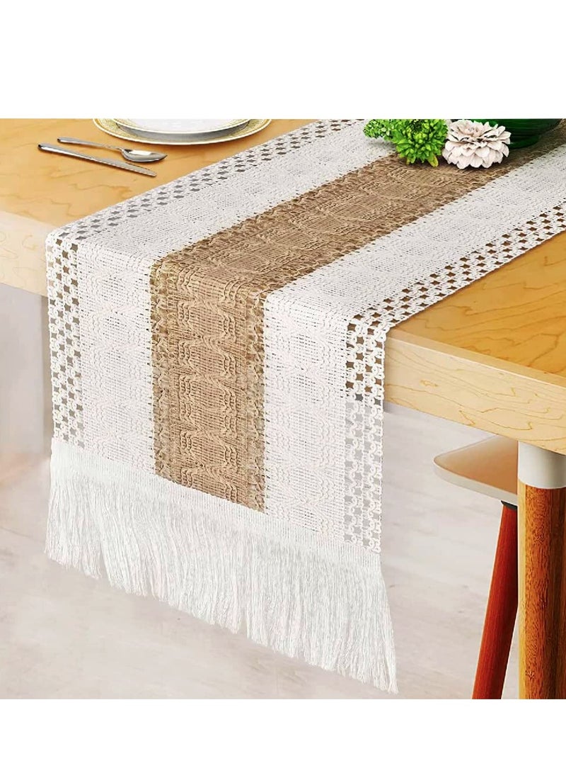 Barakah Macrame Table Runner Burlap Table Runners Farmhouse Style Boho Table Runners with Tassels, Rustic Splicing Cotton Table Runner for Wedding Home and Dining Table Decor - Image 1