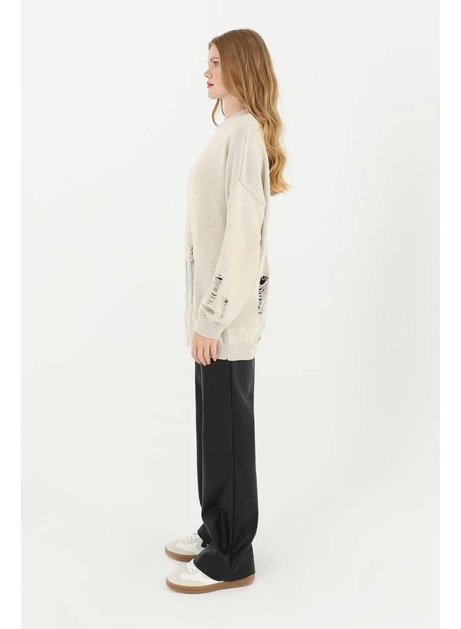 سول بلوزة صوفية نسائية ممزقة - 32034TUN - BEIGE.