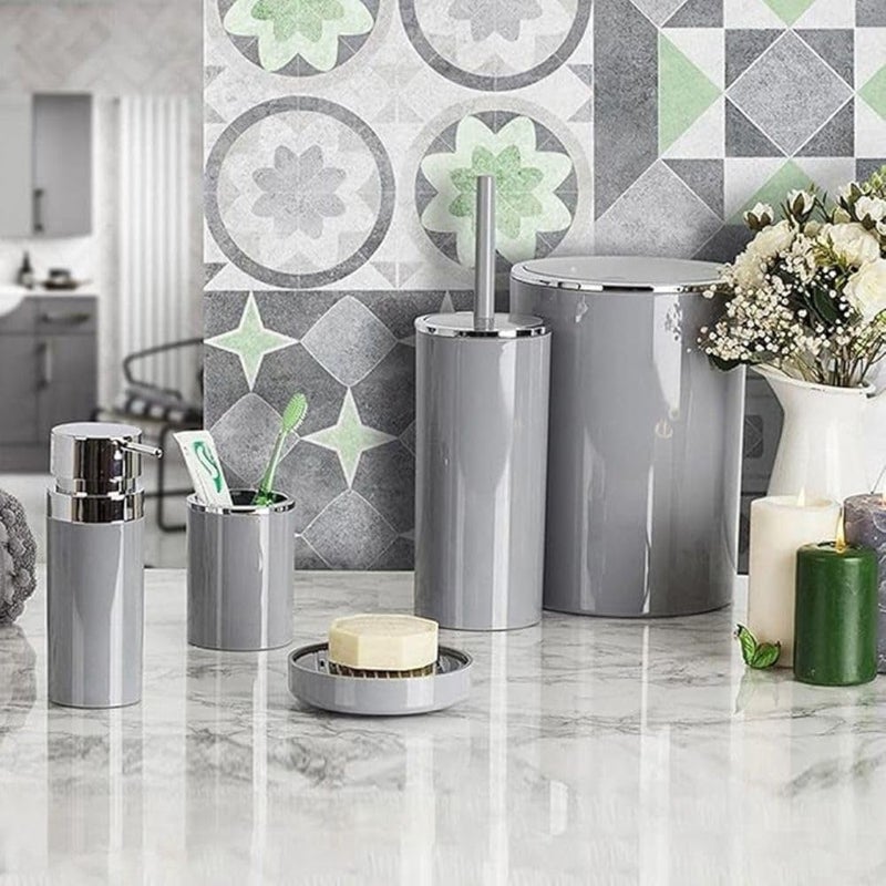 Bathroom Accessorie Set, 5 Piece Consist Of (Soap Dish, Soap Dispenser, Trash Can, Toilet Brush & Holder, Toothbrush Holder) Grey.