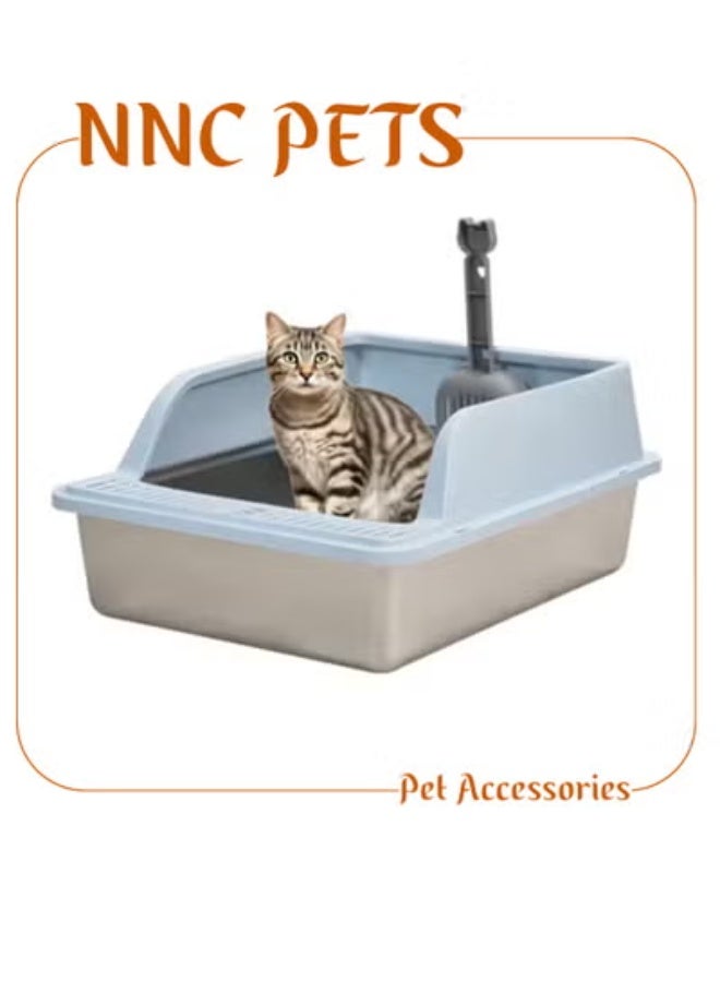 NNC PETS Stainless steel cat litter box for Indoor/Outdoor use, Durable Semi-enclosed cat toilet with High fence, Litter scoop, Non-stick, Grid design, and Detachable design, Easy to clean, 50 cm (Blue) - Image 1