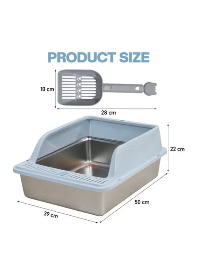 NNC PETS Stainless steel cat litter box for Indoor/Outdoor use, Durable Semi-enclosed cat toilet with High fence, Litter scoop, Non-stick, Grid design, and Detachable design, Easy to clean, 50 cm (Blue) - Image 2
