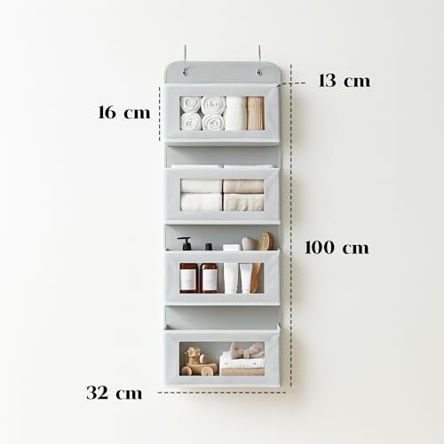 CLAPONE Over the Door Organizer/Large Pockets – Anti-Tilt Hanging Storage for Bedroom/Closet Door Storage/Bathroom/Pantry/Nursery/Bedroom (Light Grey, 4 Shelf Hanging Door) - Image 2