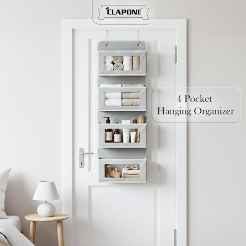 CLAPONE Over the Door Organizer/Large Pockets – Anti-Tilt Hanging Storage for Bedroom/Closet Door Storage/Bathroom/Pantry/Nursery/Bedroom (Light Grey, 4 Shelf Hanging Door) - Image 3