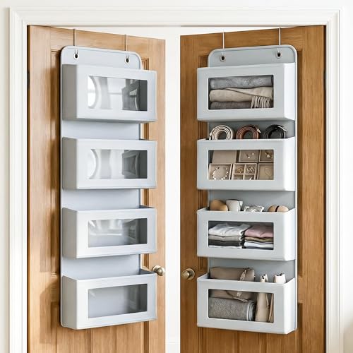 CLAPONE Over the Door Organizer/Large Pockets – Anti-Tilt Hanging Storage for Bedroom/Closet Door Storage/Bathroom/Pantry/Nursery/Bedroom (Light Grey, 4 Shelf Hanging Door) - Image 1