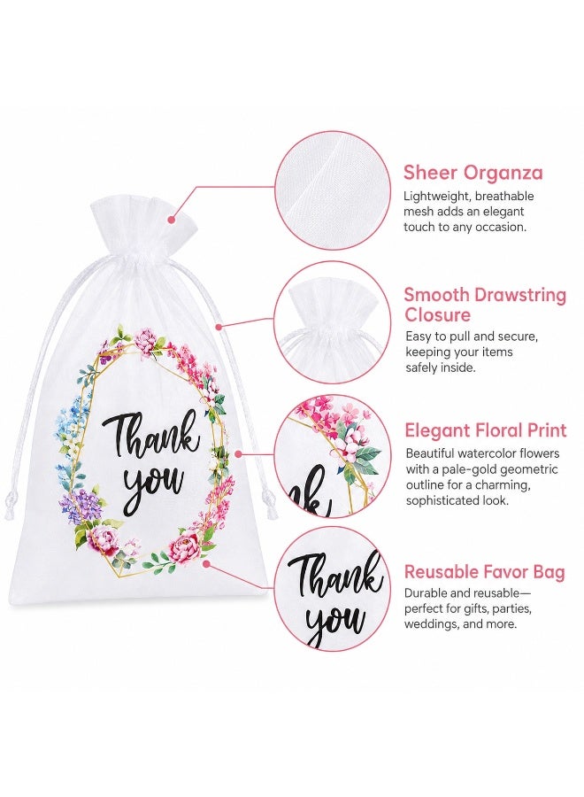 LYNLYN 30 PCS Thank You Organza Gift Bags, White Sheer Drawstring Favor Pouches, Floral Wreath Mesh Bags for Candy Jewelry Cookies Wedding Baby Shower Birthday Gifts (10*15 CM) - Image 2