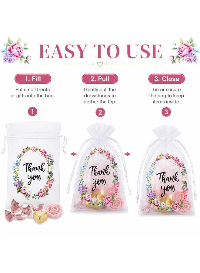 LYNLYN 30 PCS Thank You Organza Gift Bags, White Sheer Drawstring Favor Pouches, Floral Wreath Mesh Bags for Candy Jewelry Cookies Wedding Baby Shower Birthday Gifts (10*15 CM) - Image 5