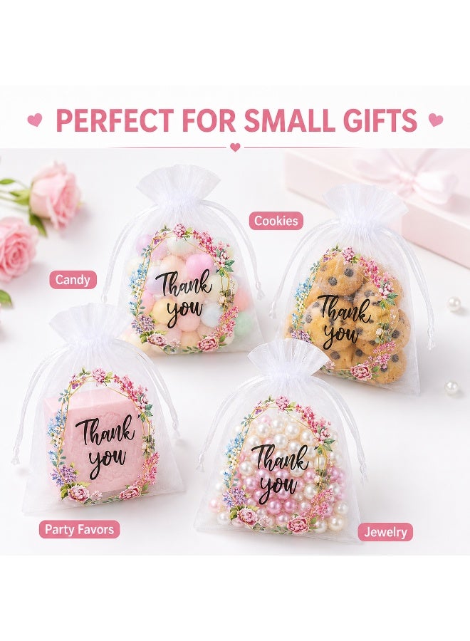 LYNLYN 30 PCS Thank You Organza Gift Bags, White Sheer Drawstring Favor Pouches, Floral Wreath Mesh Bags for Candy Jewelry Cookies Wedding Baby Shower Birthday Gifts (10*15 CM) - Image 3
