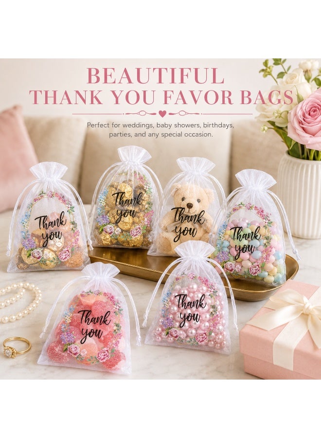 LYNLYN 30 PCS Thank You Organza Gift Bags, White Sheer Drawstring Favor Pouches, Floral Wreath Mesh Bags for Candy Jewelry Cookies Wedding Baby Shower Birthday Gifts (10*15 CM) - Image 4