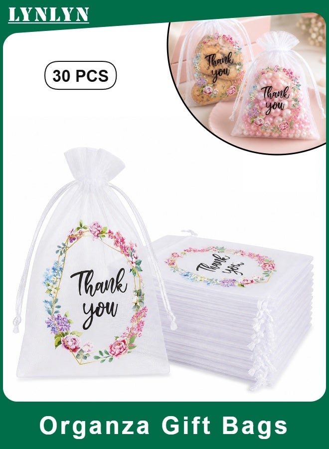 LYNLYN 30 PCS Thank You Organza Gift Bags, White Sheer Drawstring Favor Pouches, Floral Wreath Mesh Bags for Candy Jewelry Cookies Wedding Baby Shower Birthday Gifts (10*15 CM) - Image 1