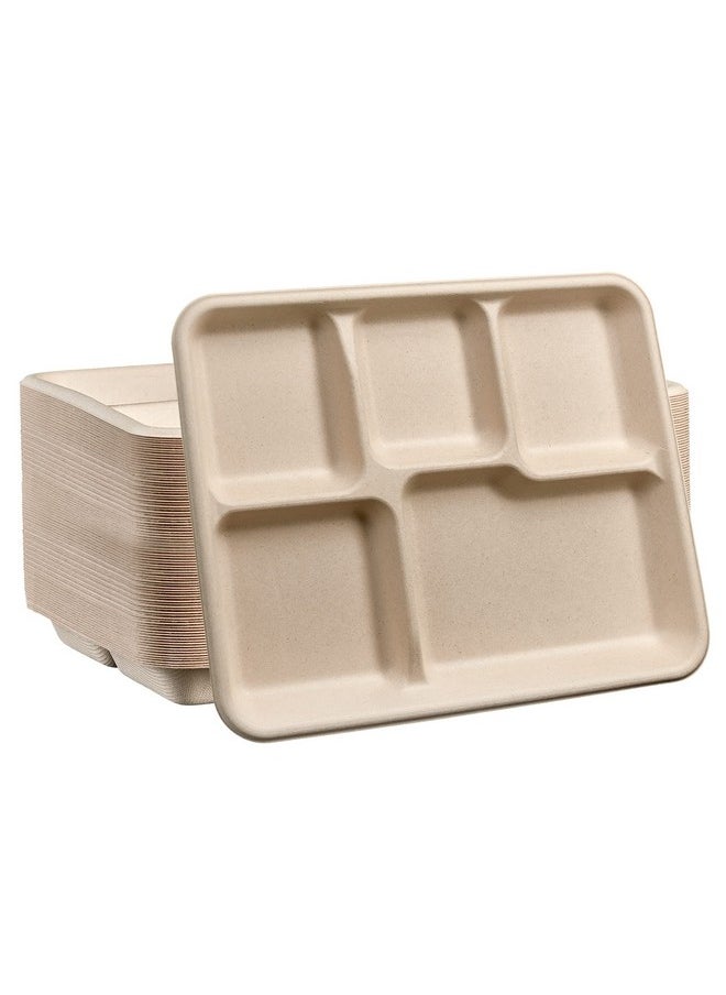 Comfy Package Comfy Package [125 Count 100% Compostable 5 Compartment Plates Disposable - 10 Inch Kraft Paper Plates, Eco-Friendly Sugarcane Trays -Brown Unbleached  - Image 1
