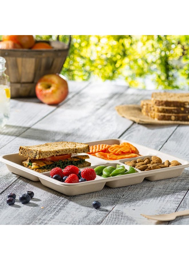 Comfy Package Comfy Package [125 Count 100% Compostable 5 Compartment Plates Disposable - 10 Inch Kraft Paper Plates, Eco-Friendly Sugarcane Trays -Brown Unbleached  - Image 3