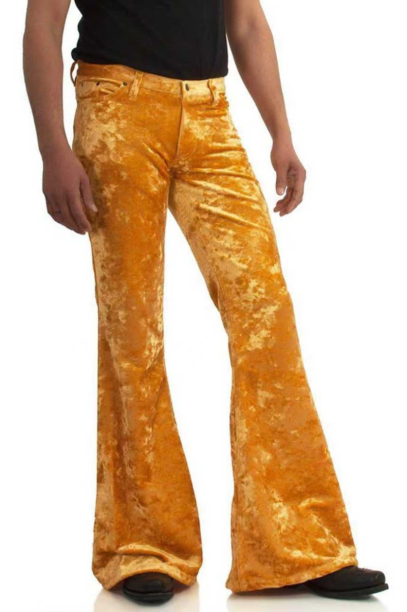 EVEDESIGN Mens Bell Bottom Velvet Pants 60s 70s Disco Outfits for Men Vintage Flared Jeans Gold - Image 3