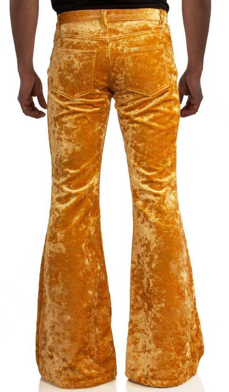 EVEDESIGN Mens Bell Bottom Velvet Pants 60s 70s Disco Outfits for Men Vintage Flared Jeans Gold - Image 2