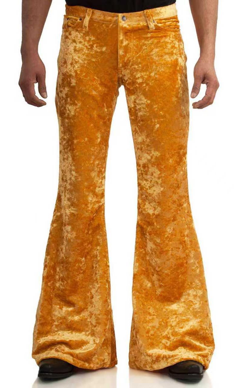 EVEDESIGN Mens Bell Bottom Velvet Pants 60s 70s Disco Outfits for Men Vintage Flared Jeans Gold - Image 1
