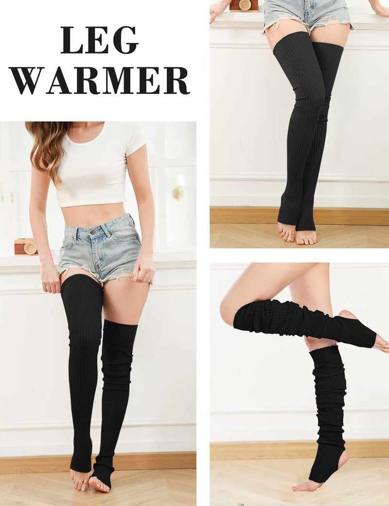 v28 Women Girls Thigh High Neon Ribbed Long 80s 90s Party Skating Leg Warmers (One Size, Hole86 -Black) - Image 4