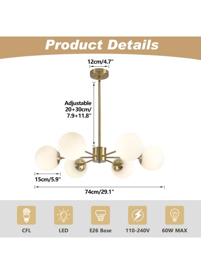 Modern Brass Globe Chandelier Ceiling Light – Gold Pendant Lighting with Frosted Glass Balls, Mid-Century Contemporary Hanging Light for Living Room, Dining Room & Bedroom - Image 2