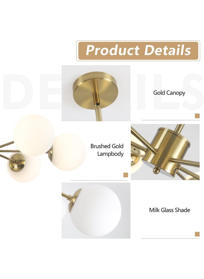Modern Brass Globe Chandelier Ceiling Light – Gold Pendant Lighting with Frosted Glass Balls, Mid-Century Contemporary Hanging Light for Living Room, Dining Room & Bedroom - Image 3
