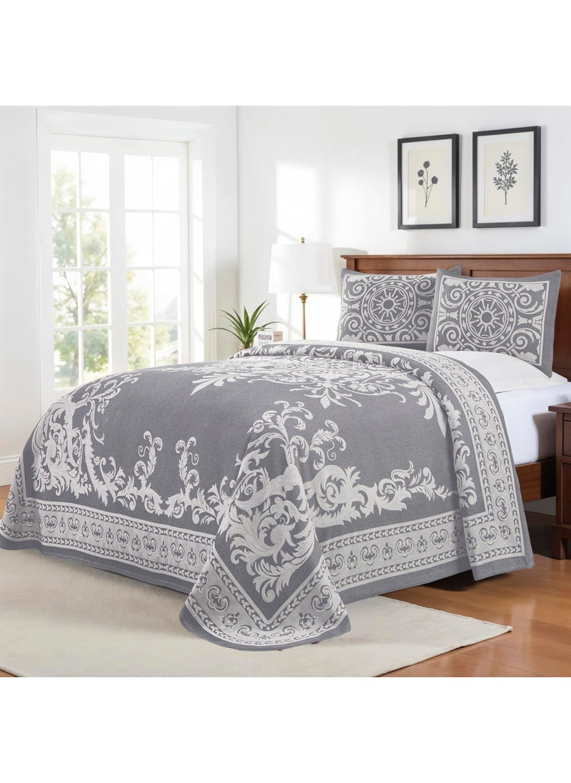 Superior Superior Cotton Blend 3Piece Bedspread Set Oversized Bedspread 2 Matching Pillow Shams Light Weight Blanket Jacquard Traditional Medallion Bedding Decor Adalie Collection King Denim Blue 