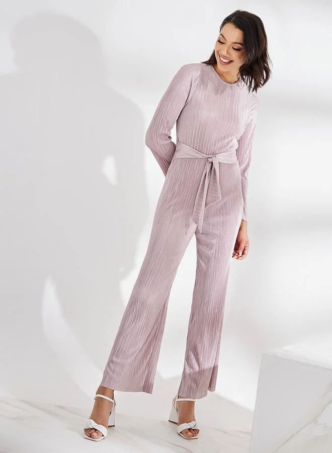 ستايلي Wide Leg Plisse Jumpsuit with Tie Waist